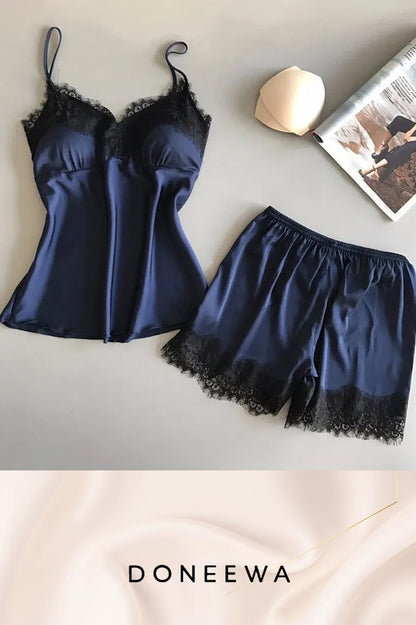 Satin Allure Lace-Trimmed Pajama Set – Midnight Bloom