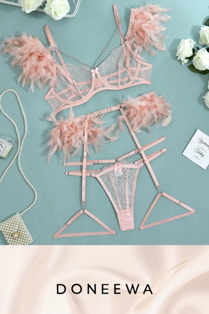 Turquoise Feather & Chain Lace Lingerie Set – Angelic Temptation Edition