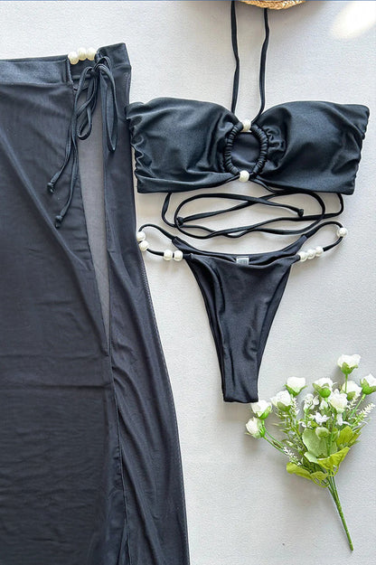 Pearl Mirage Satin Bikini Set with Sheer Maxi Skirt – Black & White Allure