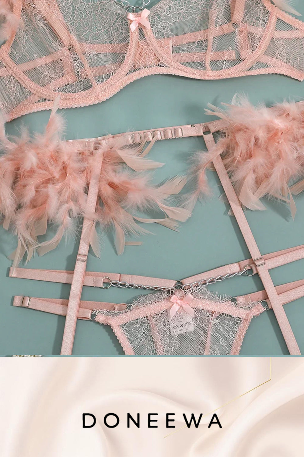 Turquoise Feather & Chain Lace Lingerie Set – Angelic Temptation Edition