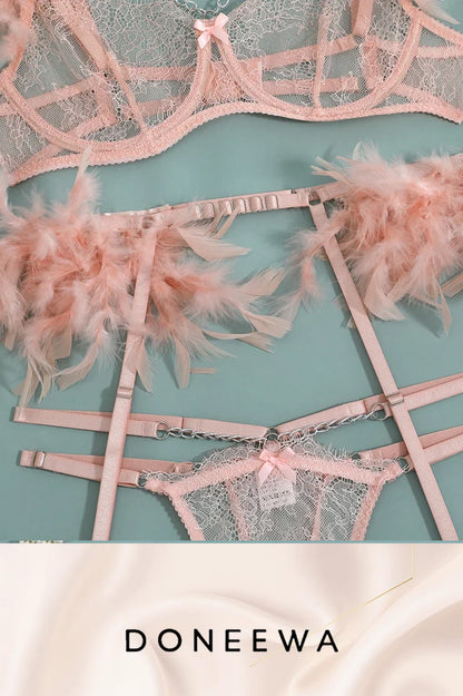 Turquoise Feather & Chain Lace Lingerie Set – Angelic Temptation Edition