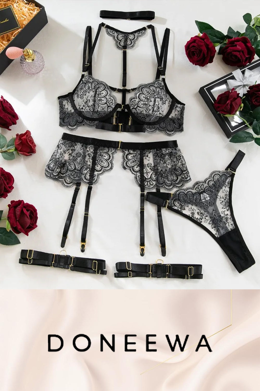 Luxury Black Lace 5-Piece Garter Lingerie Set – Royal Elegance
