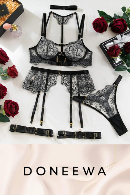 Luxury Black Lace 5-Piece Garter Lingerie Set – Royal Elegance