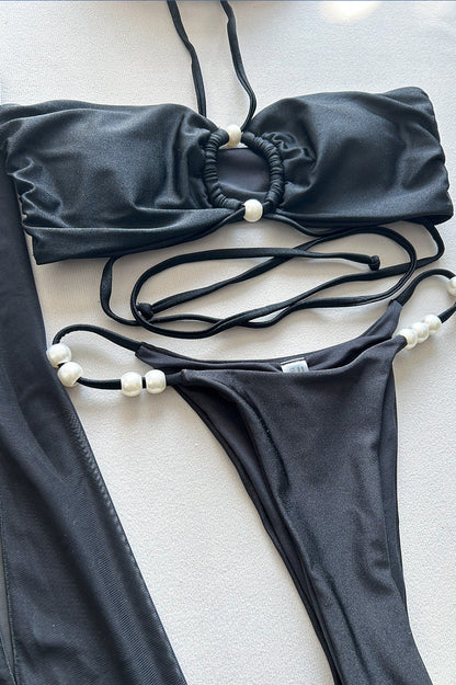 Pearl Mirage Satin Bikini Set with Sheer Maxi Skirt – Black & White Allure