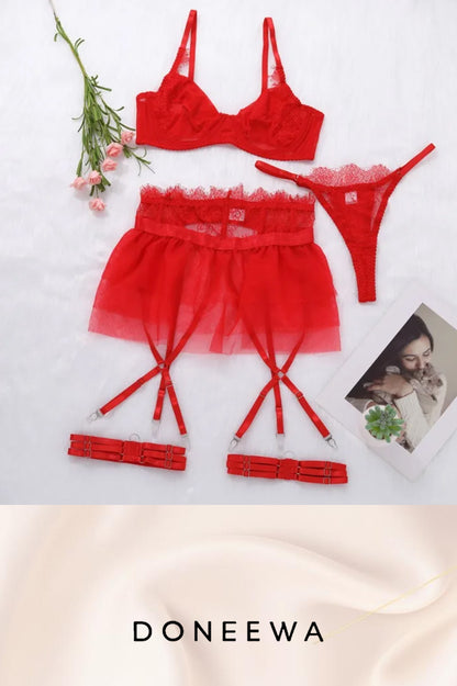 Seductive Mesh & Tulle Garter Lingerie Set – Black & Red Temptation