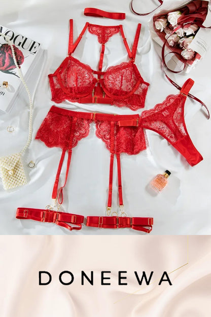 Luxury Black Lace 5-Piece Garter Lingerie Set – Royal Elegance