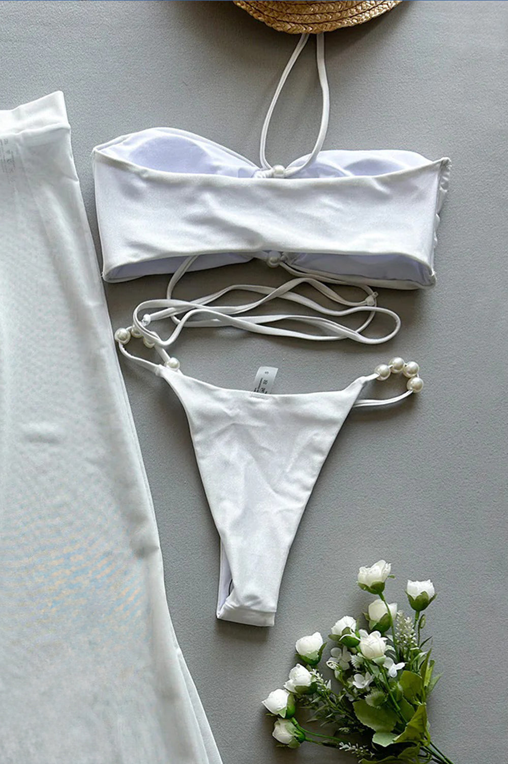 Pearl Mirage Satin Bikini Set with Sheer Maxi Skirt – Black & White Allure