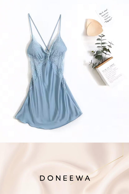 Satin Obsession Lace Panel Nightdress with Sheer Back – Moonlight Seduction