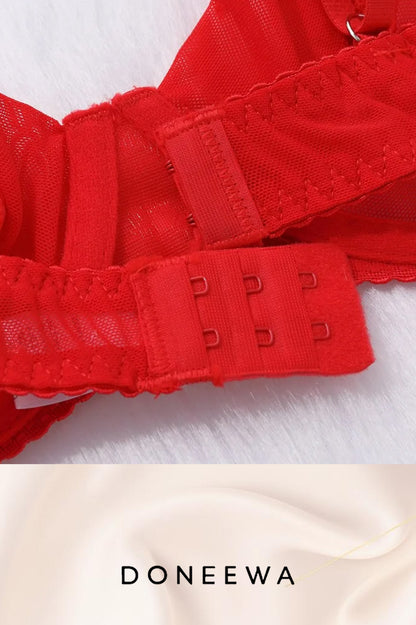 Seductive Mesh & Tulle Garter Lingerie Set – Black & Red Temptation