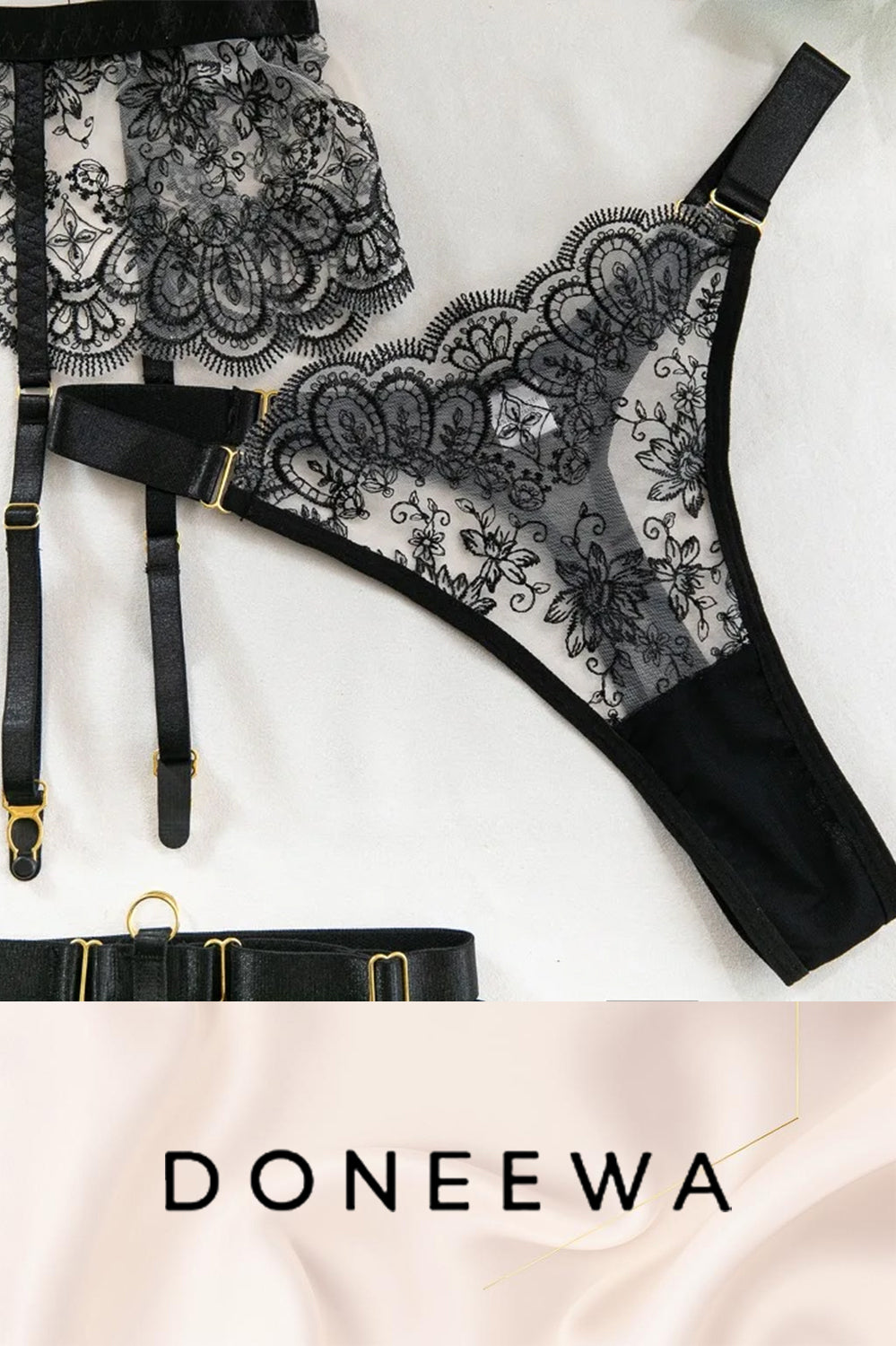 Luxury Black Lace 5-Piece Garter Lingerie Set – Royal Elegance