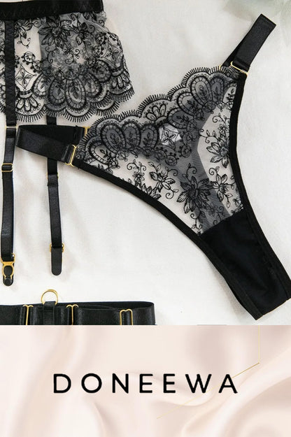 Luxury Black Lace 5-Piece Garter Lingerie Set – Royal Elegance