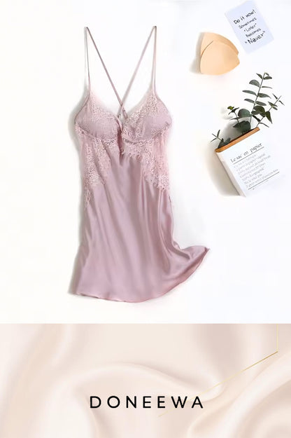Satin Obsession Lace Panel Nightdress with Sheer Back – Moonlight Seduction