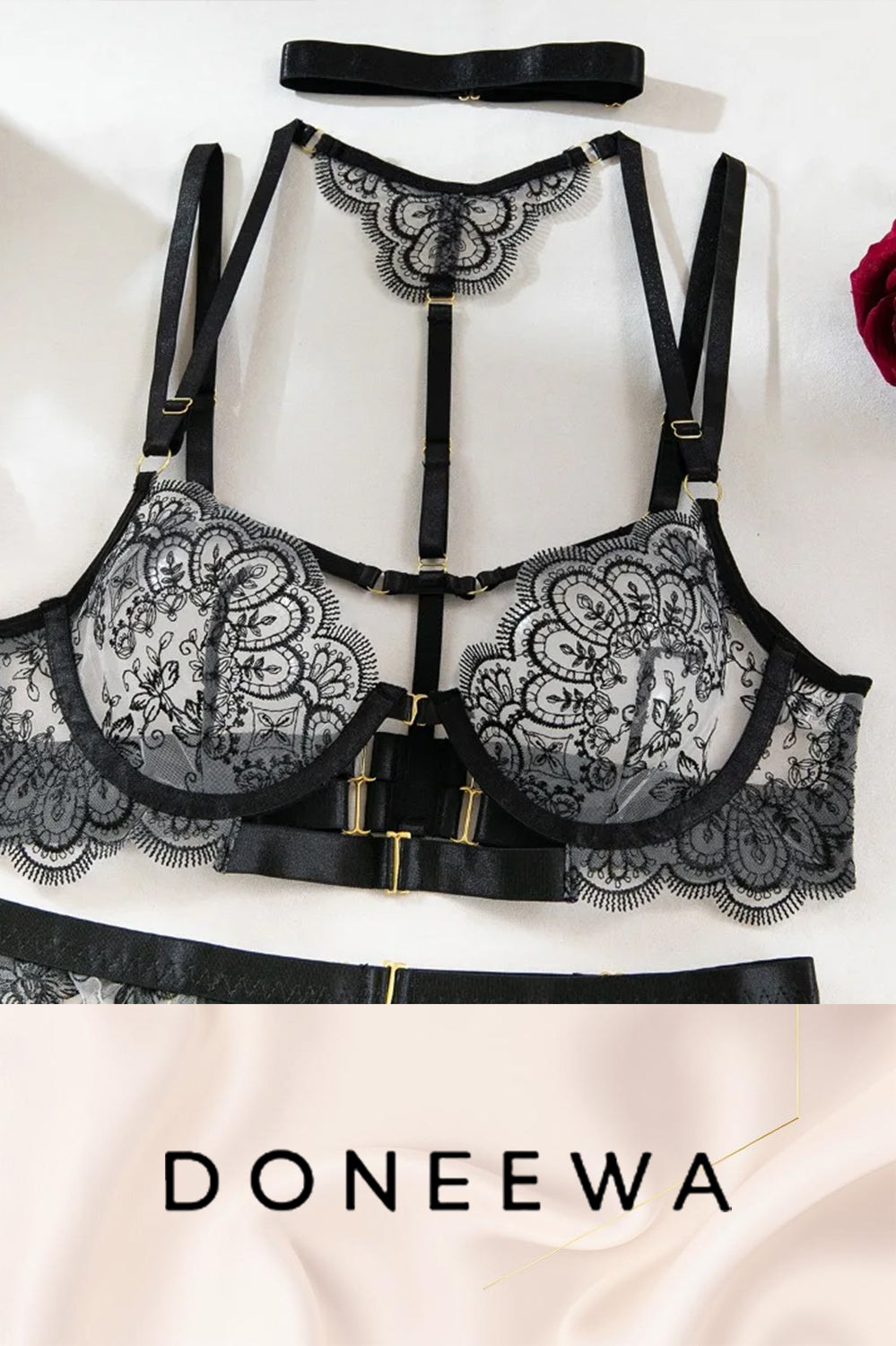 Luxury Black Lace 5-Piece Garter Lingerie Set – Royal Elegance