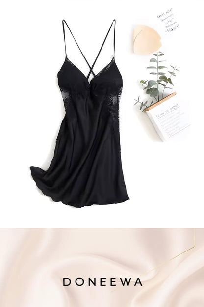 Satin Obsession Lace Panel Nightdress with Sheer Back – Moonlight Seduction