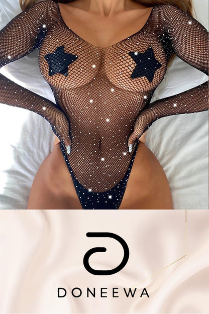 Sparkling Rhinestone Fishnet Bodysuit – Glamour Mesh Seduction