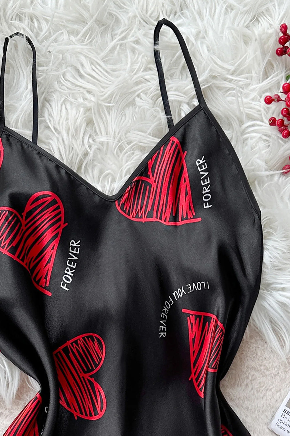 Satin Love Affair Nightdress with Heart Print & Solid Colors – Sweet Obsession