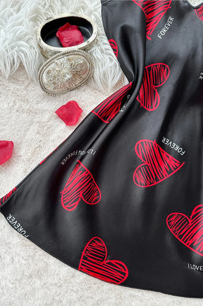 Satin Love Affair Nightdress with Heart Print & Solid Colors – Sweet Obsession