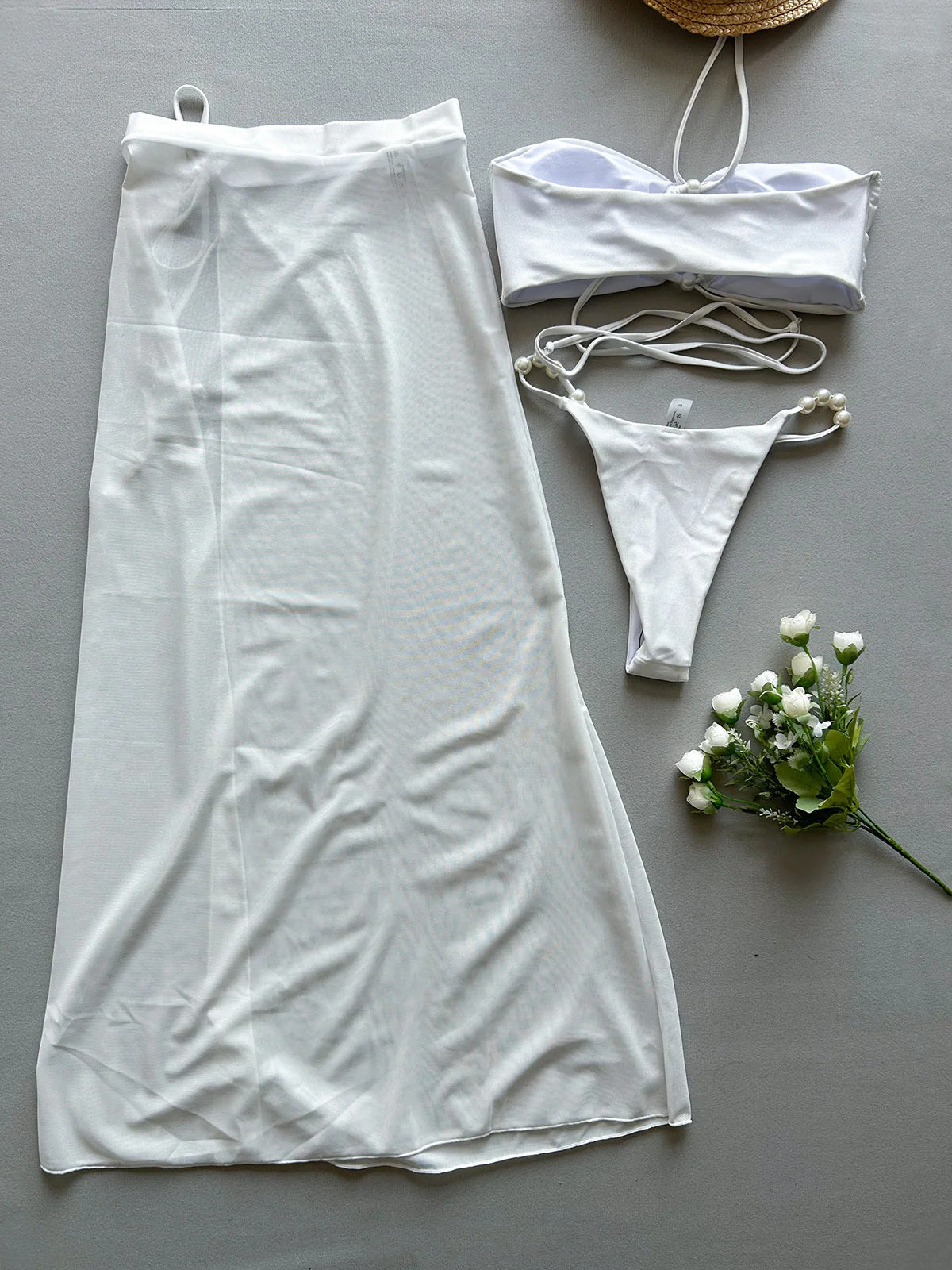 Pearl Mirage Satin Bikini Set with Sheer Maxi Skirt – Black & White Allure
