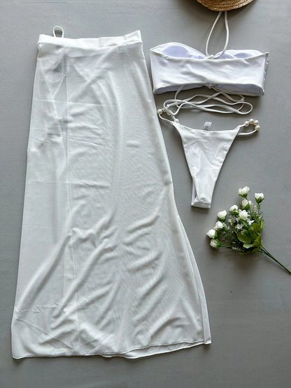 Pearl Mirage Satin Bikini Set with Sheer Maxi Skirt – Black & White Allure